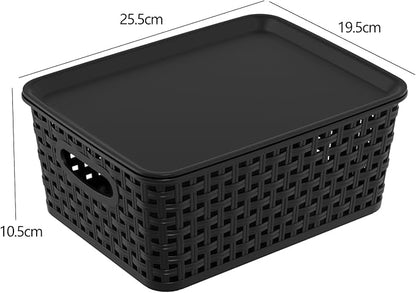 Set of 6 Plastic Lidded Storage Shelf Baskets, Stackable Storage Basket with Lid, Black