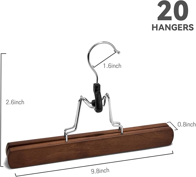 Nature Smile Wooden Pants Hangers Non Slip Smooth Finish Solid Wood Clamp Skirt Hanger Hair Extension Hangers with 360° Swivel Hook (20Pcs, Retro)