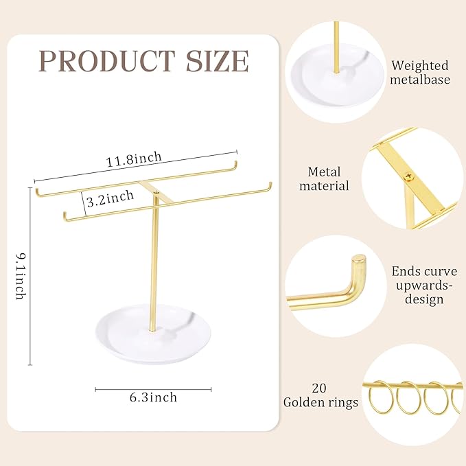 Metal Headband Holder Organizer, 2-Tier Headband Storage with Tray, Hairband Display Stand with Golden Rings, Hair Accessories Claw Clip Organizer for Women and Girls (Gold)