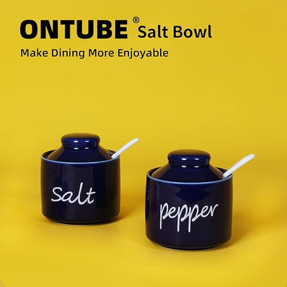 ONTUBE Farmhouse 8oz Salt Bowls with Lid and Spoon, Ceramics Condiment Pots, Seasoning Jar Spice Container for Kitchen, Dishwasher Safe (Navy)