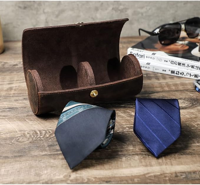 CONTACTS Genuine Leather Tie Travel Holder Small Neckties Organizer Tie Anti Wrinkle Storage Roll
