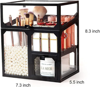 MOOCHI Black Vintage Glass Cosmetic Multifunctional Makeup Organizer with Pearls Dustproof Cosmetics Storage Display Case For Brushes Lipsticks