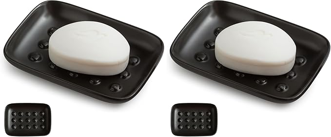 Miamolo Soap Dish, Ceramic Soap Holder Shower Soap Dish for Bar Soap Sponge, Soap Saver Tray for Bathroom Kitchen Sink, Black (Pack of 2)