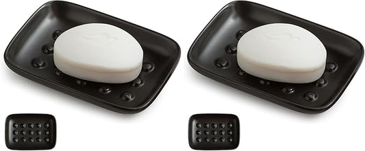 Miamolo Soap Dish, Ceramic Soap Holder Shower Soap Dish for Bar Soap Sponge, Soap Saver Tray for Bathroom Kitchen Sink, Black (Pack of 2)