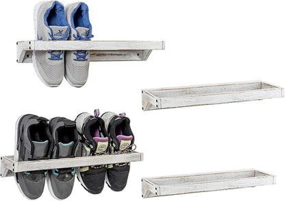 MyGift Set of 4 Shabby White Washed Solid Wood Hanging Shoe Storage Organizer Racks, Wall Mounted Space Saving Footwear Holder for Closet, Mudroom, Entryway, Holds 8 Pairs