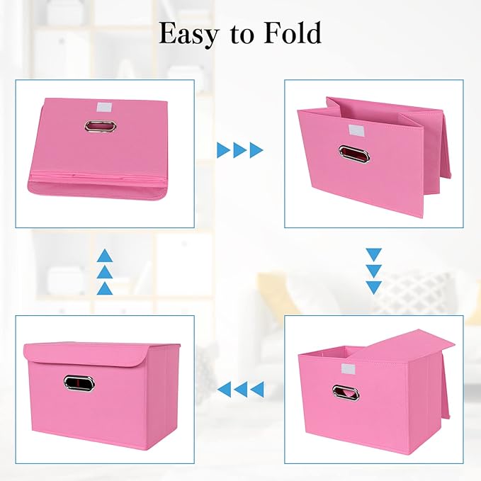 STOREONE Fabric Storage Cube Bins Foldable Organizer Container Collapsible Basket with Lids and Metal Handles, for Home, Bedroom, Closet 3 Pcs (Pink)