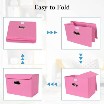 STOREONE Fabric Storage Cube Bins Foldable Organizer Container Collapsible Basket with Lids and Metal Handles, for Home, Bedroom, Closet 3 Pcs (Pink)