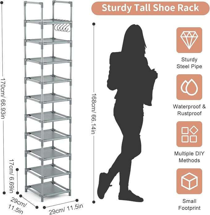 LANTEFUL Narrow Shoe Rack 10-Tier Tall Shoe Organizer Skinny Shoe Shelf Storage for 10-15 Pairs Shoe and Boot, Space Saving Corner Shoe Rack Organizer for Closet, Entryway, Living Room, Grey