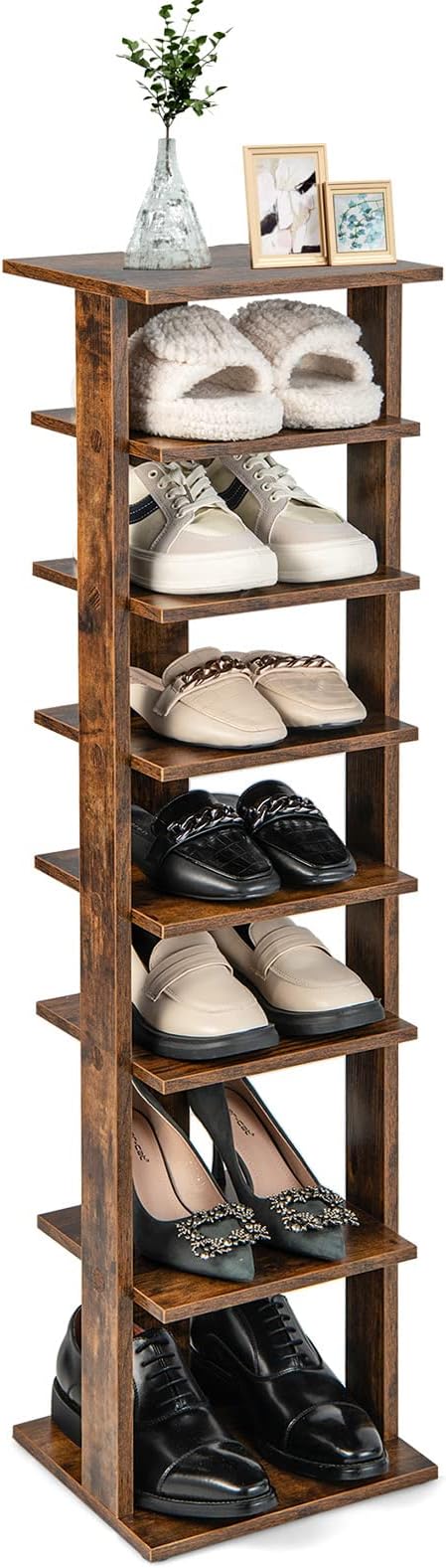Giantex 8-Tier Vertical Shoe Rack, Patented Corner Shoe Storage Organizer for 8 Pairs, Freestanding Narrow Shoe Rack, Industrial Space-Saving Shoe Tower for Entryway, Living Room, Bedroom, Brown