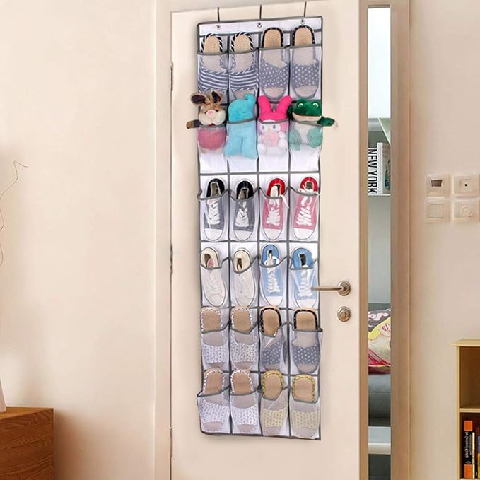 24 Pockets Non Woven Folding Hanging Door Closet Storage Bag, Shoes Organizer with 6 Layers, Translucent Breathable Shoe Storage Bag for Door or Closet