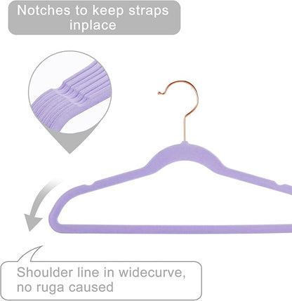 MIZGI Kids Velvet Hangers,Non-Slip Big Kids Hangers,14 Inch Hangers for Youth,Teen Clothes,Pack of 50（Light Purple/Rosegold）
