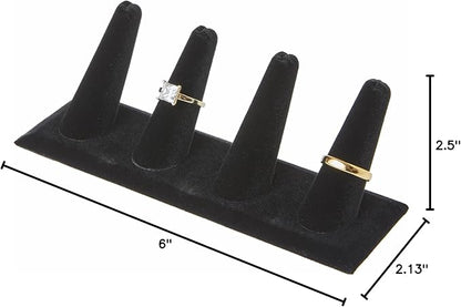 Plymor Black Velvet Ring Finger Display, Four on Rectangular Base, 6" W x 2.125" D x 2.5" H (Pack of 3)