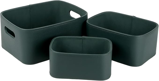 HofferRuffer Faux Leather Storage Baskets Bins with Velvet Lining for Organizing, Storage, Gifts, Set of 3 Nesting Shelf Baskets Decorative Storage Boxes for Home Organization (Green)