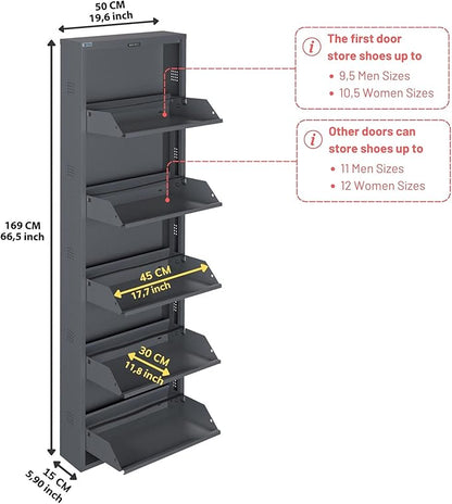 CEHA 5 Tier Metal Shoe Cabinet with Cover, Durable Shoe Storage Organizer for Entryway, Space Saving Shoe Shelf Closet with Side Ventilation Holes, 5.91" x 66.5" x 19.68", Anthracite