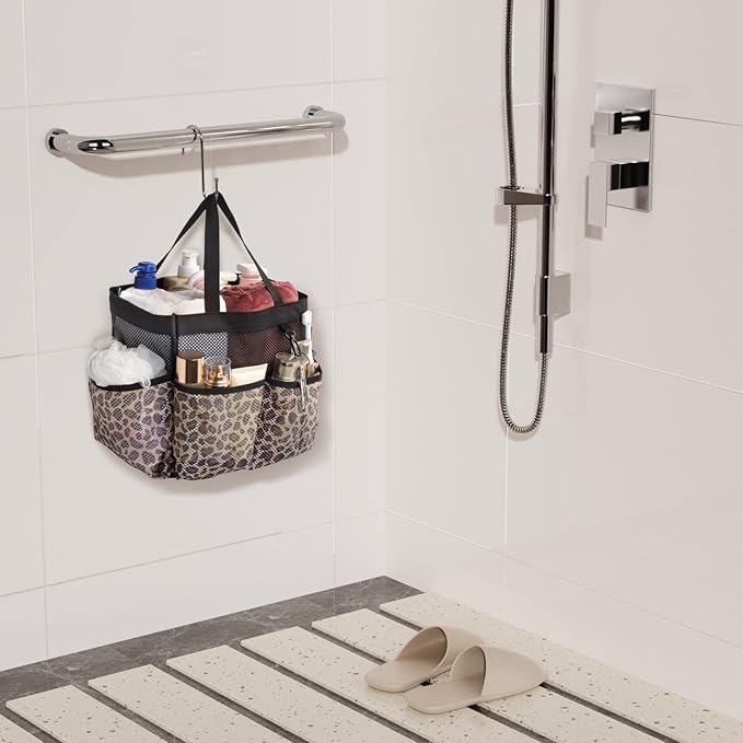 F-color Shower Caddy Portable - Mesh Shower Bag Basket Tote for College Dorm Room Essentials Bathroom Gym Camp Quick Dry for Women Men with S Hook, Leopard