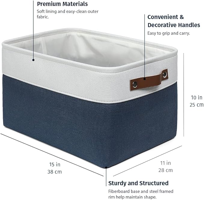 OrganiHaus 15x11in Canvas Storage Baskets 3 Pack | LARGE Fabric Bins for Shelves | Closet & Bedroom Storage | Navy Blue/Off-White