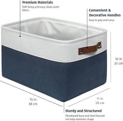 OrganiHaus 15x11in Canvas Storage Baskets 3 Pack | LARGE Fabric Bins for Shelves | Closet & Bedroom Storage | Navy Blue/Off-White