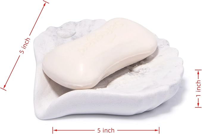 ZAWUU Resin Draining Seashell Soap Dish with Embossed Design – Bar Soap Holder for Bathroom & Kitchen, Multiuse Jewelry Tray (White Marble, Seahorse)