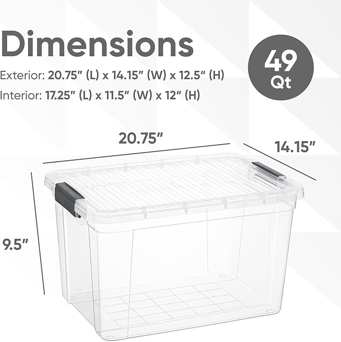 Superio Clear Storage Box with Lid, 49 Quart Plastic Container Bins for Organizing, Stackable Crates, BPA Free, Non Toxic, Odor Free, Organizers for Home, Office, School, and Dorm, 10 Pack