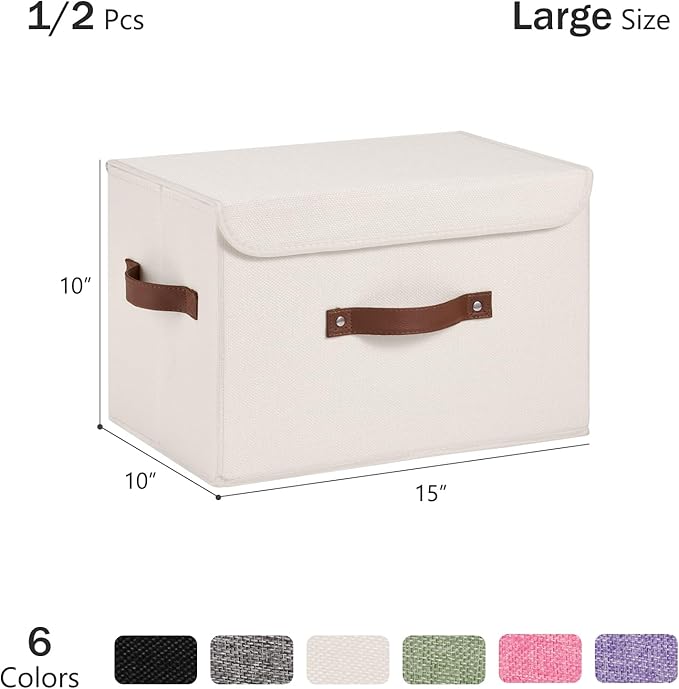 2PCS Storage Bins Box with Lids Decorative Cotton Linen Fabric Baskets Cubes with Handles PP Plastic Board Foldable Washable Lidded Clothing Shelf Closet Organizer Container (Beige, Large)