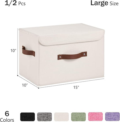 2PCS Storage Bins Box with Lids Decorative Cotton Linen Fabric Baskets Cubes with Handles PP Plastic Board Foldable Washable Lidded Clothing Shelf Closet Organizer Container (Beige, Large)