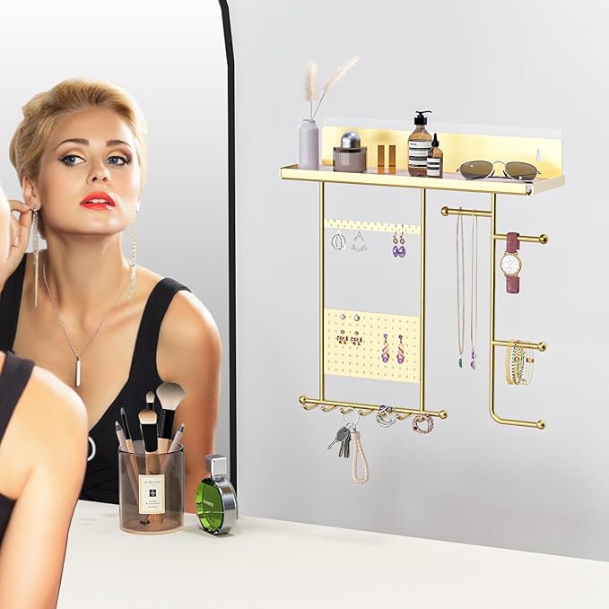 Saydear Wall Mounted Jewelry Organizer with Shelf: Metal Display Stand with Velvet Pad, Multi-Layer Necklace Hanging Rack for Bedroom Bathroom Space Saving No-Drill Wall Decor