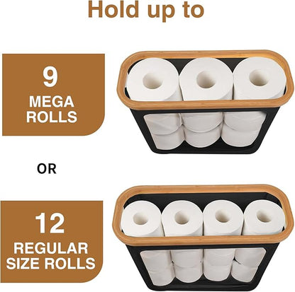 Toilet Paper Storage with Bamboo Lid,Foldable Basket Organizer for Bathroom, Holds 9 Mega/12 Regular Rolls, Waterproof Toilet Paper Holder Storage with Non-Slip Base,Black