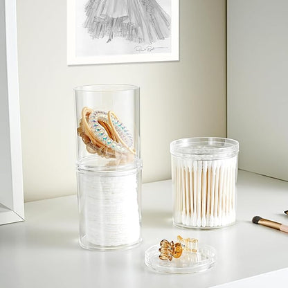 SheeChung 2-Pack Stackable Clear Qtip Holder - 10oz Crystal Apothecary Jars with Storage Lids - Clear Plastic Bathroom Countertop Organizer for Cotton Balls, Swabs, Pads - Pinterest Style Decor