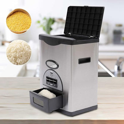 Auto Rice Dispenser,Grain Dispenser Storage Box,10kg/22lb Large Capacity Stainless Steel Rice Storage Container for Kitchen,Dining Room(Grey, Black)