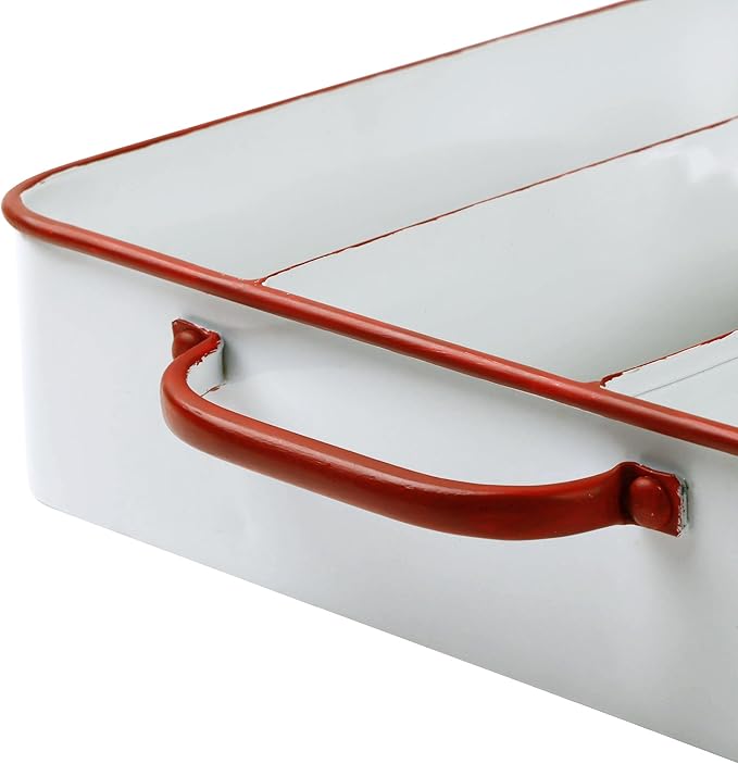 Silverware Drawer Organizer Tray with 4 Slots Farmhouse Kitchen Cutlery Tray for Utensils, Spoons, Knives, Forks, Metal Flatware Holder White with Red Trim