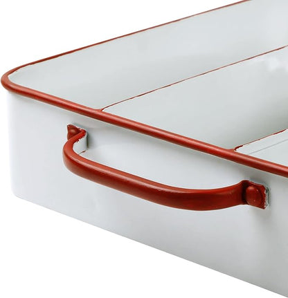 Silverware Drawer Organizer Tray with 4 Slots Farmhouse Kitchen Cutlery Tray for Utensils, Spoons, Knives, Forks, Metal Flatware Holder White with Red Trim