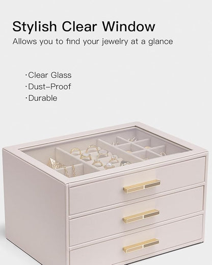 VLANDO Jewelry Box for Women, Glass Lid Jewelry Organizer with 3 Drawers for Necklaces Rings Earrings Bracelets - Light Pink