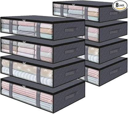 StorageRight Under Bed Storage Bags 8 Pack, 40L Large Clothes & Comforter Storage Containers with Clear Window, Breathable Fabric Organizer for Blankets, Bedding, Seasonal Clothing, Grey