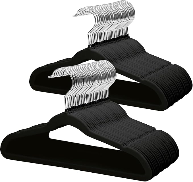 ManGotree 14 Inch Kids Velvet Hangers for Closet, Ultra-Thin Space Saving Children's Clothes Hangers, Non-Slip Felt Toddler Hanger for Youth's Clothes (66 Pack, Black)