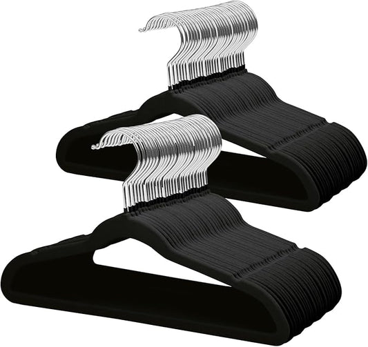 ManGotree 14 Inch Kids Velvet Hangers for Closet, Ultra-Thin Space Saving Children's Clothes Hangers, Non-Slip Felt Toddler Hanger for Youth's Clothes (66 Pack, Black)