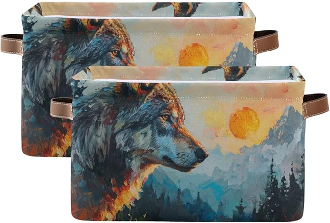 Storage Basket Wolf in The Sunrise Pattern Durable Canvas Collapsible Toy Box Organizer Bin with Handles for Shelf Closet Bedroom Home Office