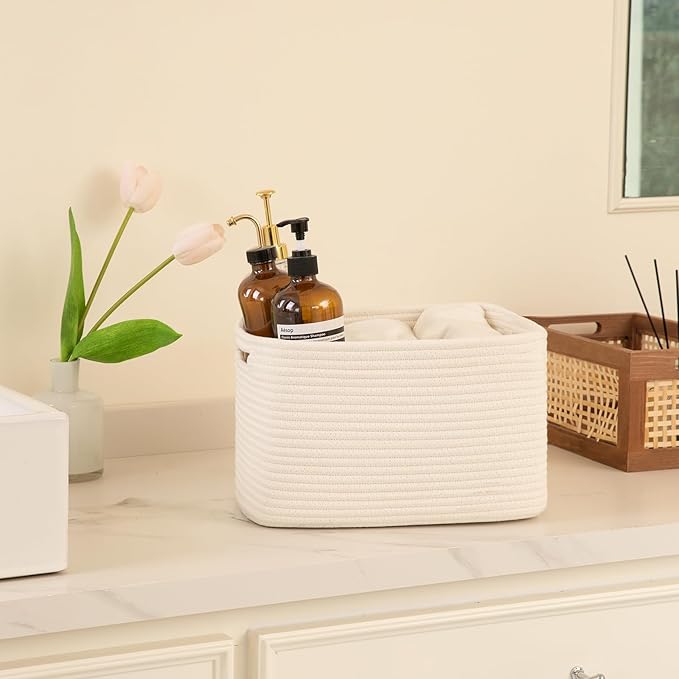 OIAHOMY 4 Pack Storage Baskets for Organizing, Cube Storage Bins for Shelves, Rectangle Storage Baskets With Handles, Woven Baskets for Storage, 16''Lx12''Wx8''H, White