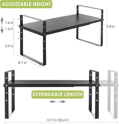 Across-Star Expandable Cabinet Shelf Organizer Rack, Stackable Kitchen Counter Storage Shelves Stand, Adjustable Height Pantry Shelf Spice Rack (Black, 1 Pack)
