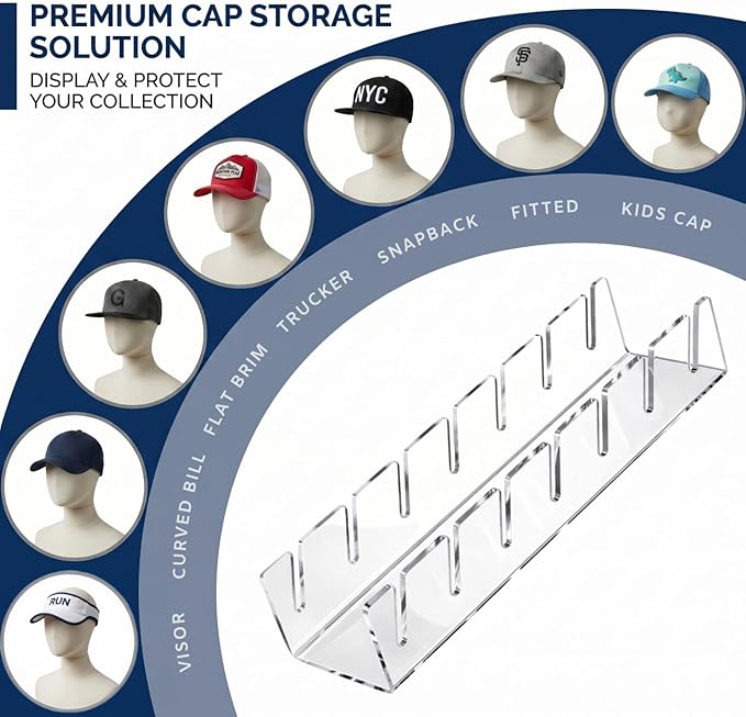 Baseball Hat Organizer 2 Pack, Clear Acrylic Hat Organizer Rack, Hat Display Stand Holds 14 Caps, 7-Slot No Assembly Cap Storage for Closet Shelf, Dresser, 11.4 x 3 x 2.2 in