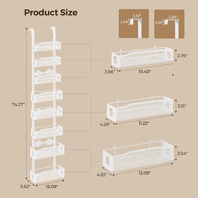 Delamu 8 Tier Over the Door Pantry Organizer, 2in1 Hanging or Wall Mount Spice Rack Seasoning, Adjustable Heavy-Duty Narrow Pantry Door Organizer and Storage for Kitchen Cabinet and Bathroom,12" White