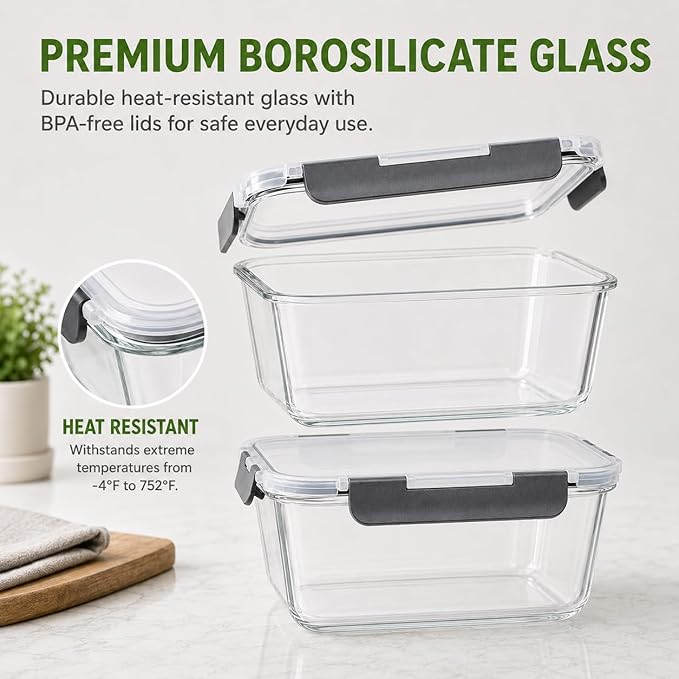 2 Pack Large Glass Food Storage Containers with Lids 85oz/10.5cup Big Airtight Storage Containers for Rotisserie Chicken Meal Prep Leftovers, BPA Free & Leak Proof, Microwave, Oven Safe (gray)