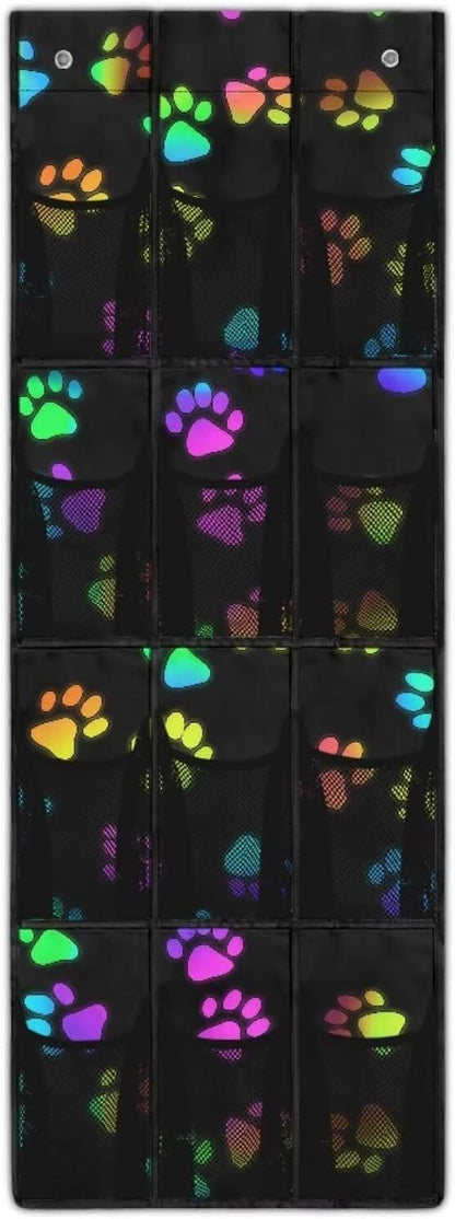Over The Door/Wall Shoe Organizer, Large Hanging Shoe Organizer for Closet with 12 Clear Mesh Pocket for Bathroom, RV, Pantry,Dog Paws