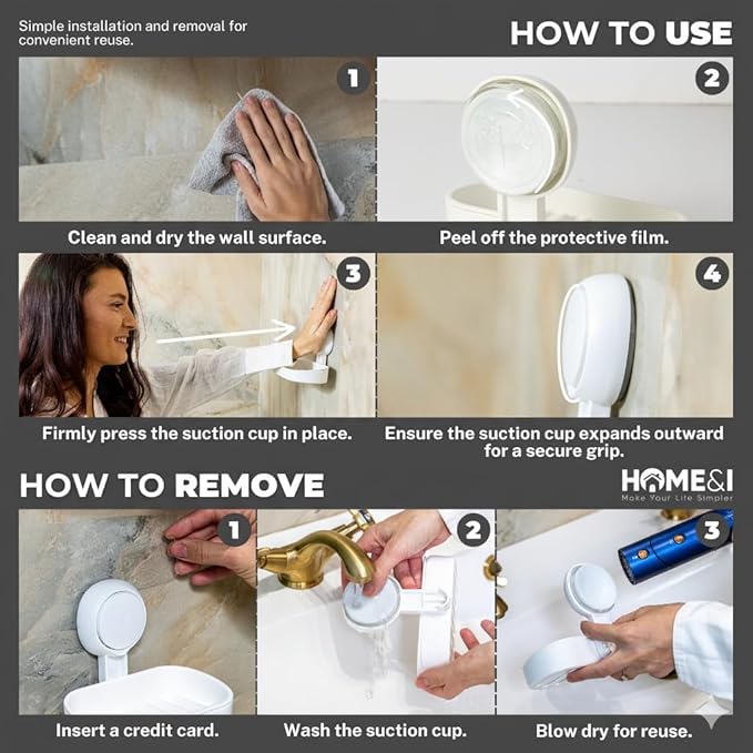 HOME&I Suction Cup Soap Dish Holder – Strong Vacuum Suction, Waterproof, Self-Draining Soap Dish for Shower, Bathroom, Kitchen Sink – No Drilling, Reusable (White)
