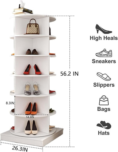 Rotating Shoe Rack Tower, 360-Degree Circular Storage Organizer for Shoes and Handbags, Vertical Space-Saving Cabinet for Entrance Hall, Independent Rotating Shoe Shelf （A-White）