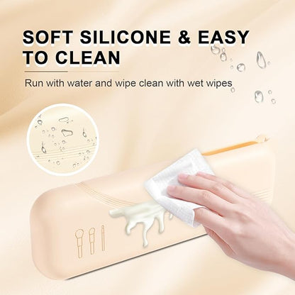 Silicone Makeup Brush holder travel case,Large makeup brush bag with Half-open Snap Design, Anti-fall Out vanity organizer for Toothbrushes,lipstick,eyebrow pencil,BB Cream,Liquid Foundation (Beige)