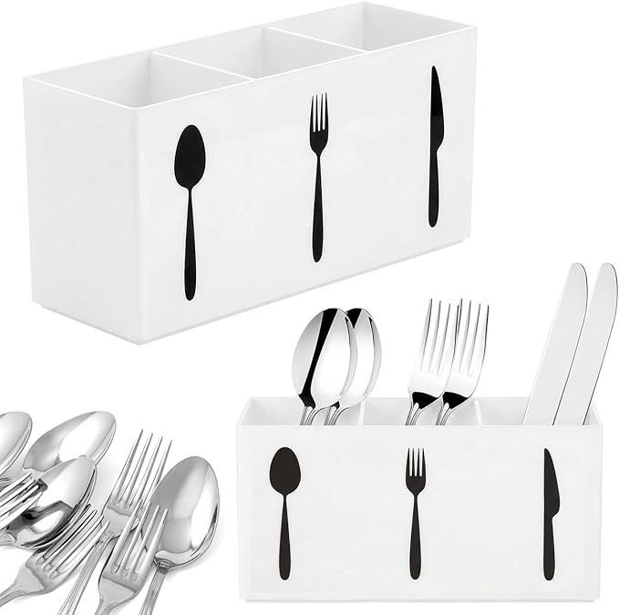 Cutlery Storage Organizer Silverware Caddy Utensil Holder Countertop Knife Spoon and Fork Organizer Kitchen 3 Section Tableware Storage Box Indoor Outdoor Party Tableware Holder (Black) (White)