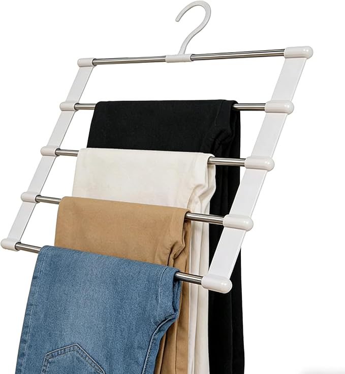 5-Tier Hanging Pants Rack, Pants Rack, 2 Pack Space Saving Closet Organizer for Multiple Pants, Slacks, Jeans, Towels, Scarves - Heavy Duty Storage Holder for Closet, Bedroom, Dorm Room