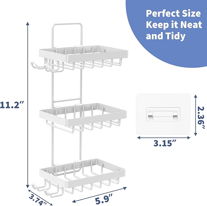 Moforoco 3-Tier White Soap Bar Holder for Shower, No Drilling, 304 Stainless Steel, Wall Mounted Soap Holder with 4 Hooks and Razor Holder, Shower Rack Soap Tray Bar Soap for Bathroom Accessories
