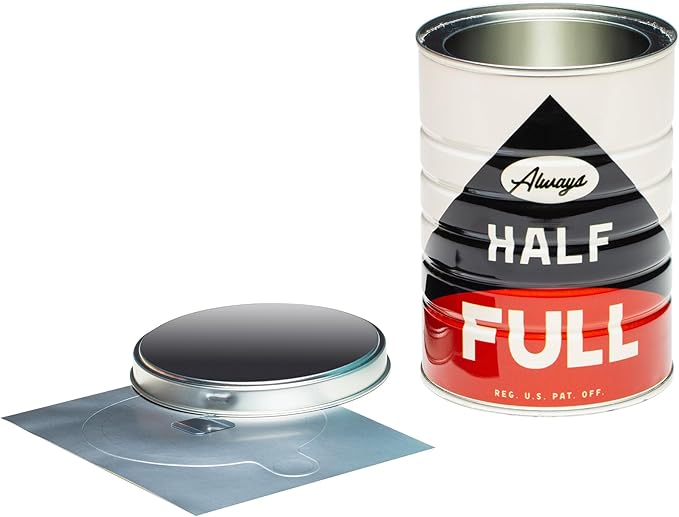 Retro Tin Can, Studio MPLS Designs, Collectable, Peel & Stick Valved End with Metal Lid, 8-12oz (4.0625 x 5.5 in) (Always Half Full Design)