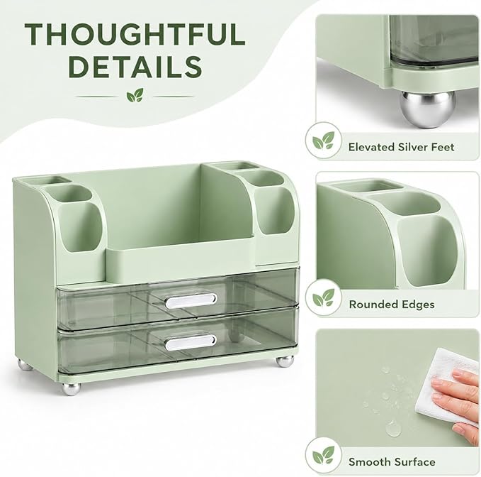 Makeup Organizer with 2 Drawers, Cosmetic Display Case, Storage Holder for Vanity, Bathroom Counter, Desk, Beauty Supplies (Green)